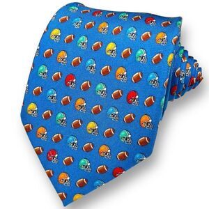 ALYNN Men’s Blue “Footballs & Helmets” Sports Motif 100% Silk Novelty Tie